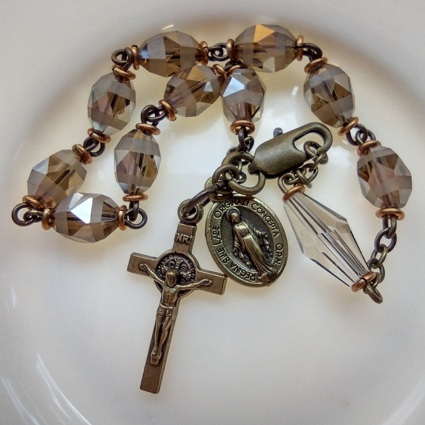 Item #1056, 8mm Rosary Bracelet, Champagne Crystal