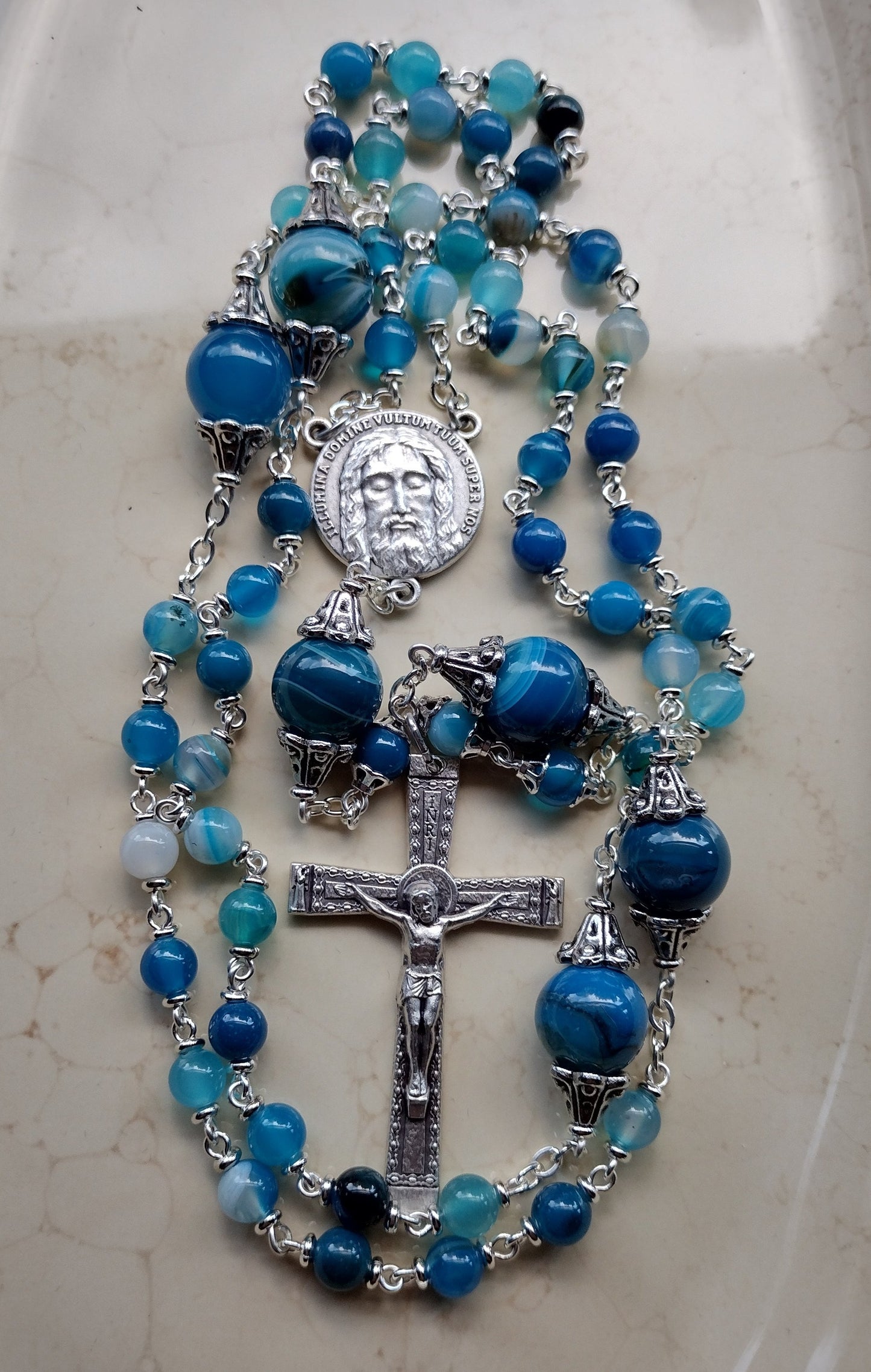 Item #1010, 6mm Gemstone Rosary, Blue Banded Agate