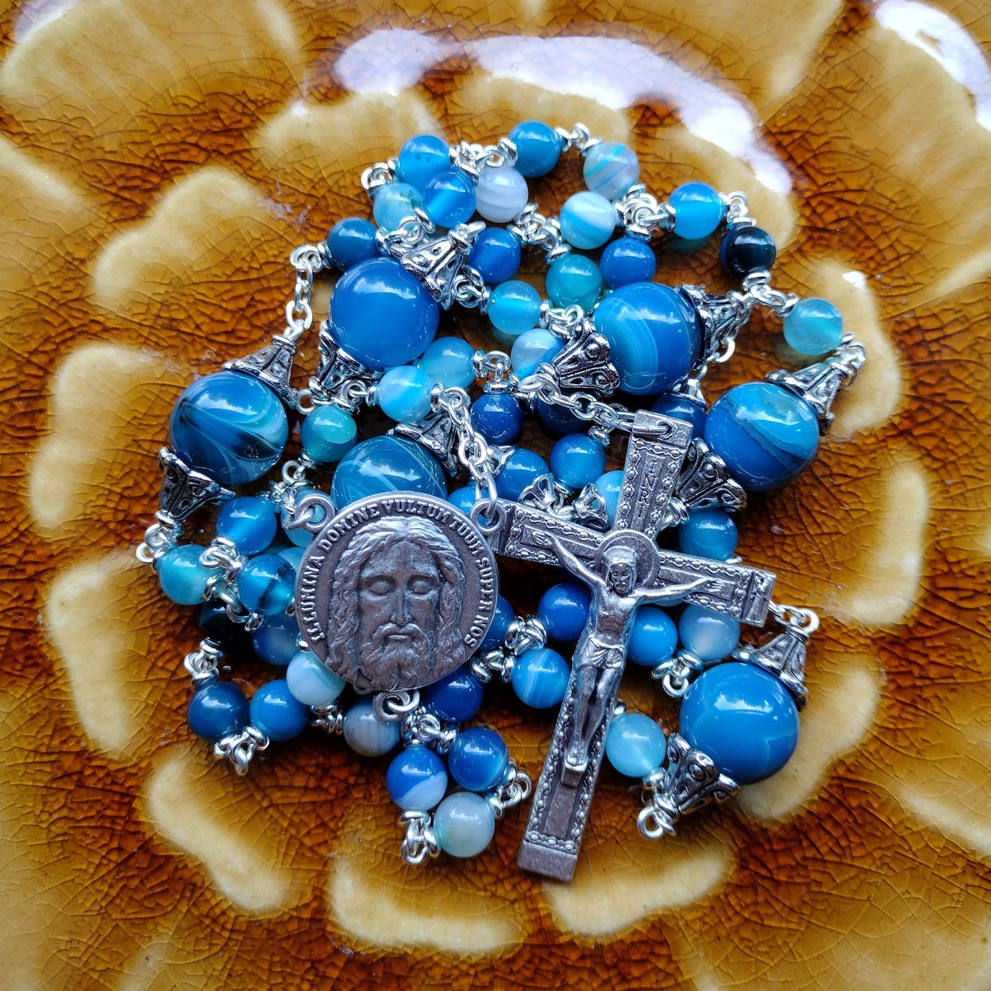 Item #1010, 6mm Gemstone Rosary, Blue Banded Agate