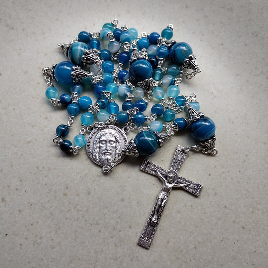 Item #1010, 6mm Gemstone Rosary, Blue Banded Agate