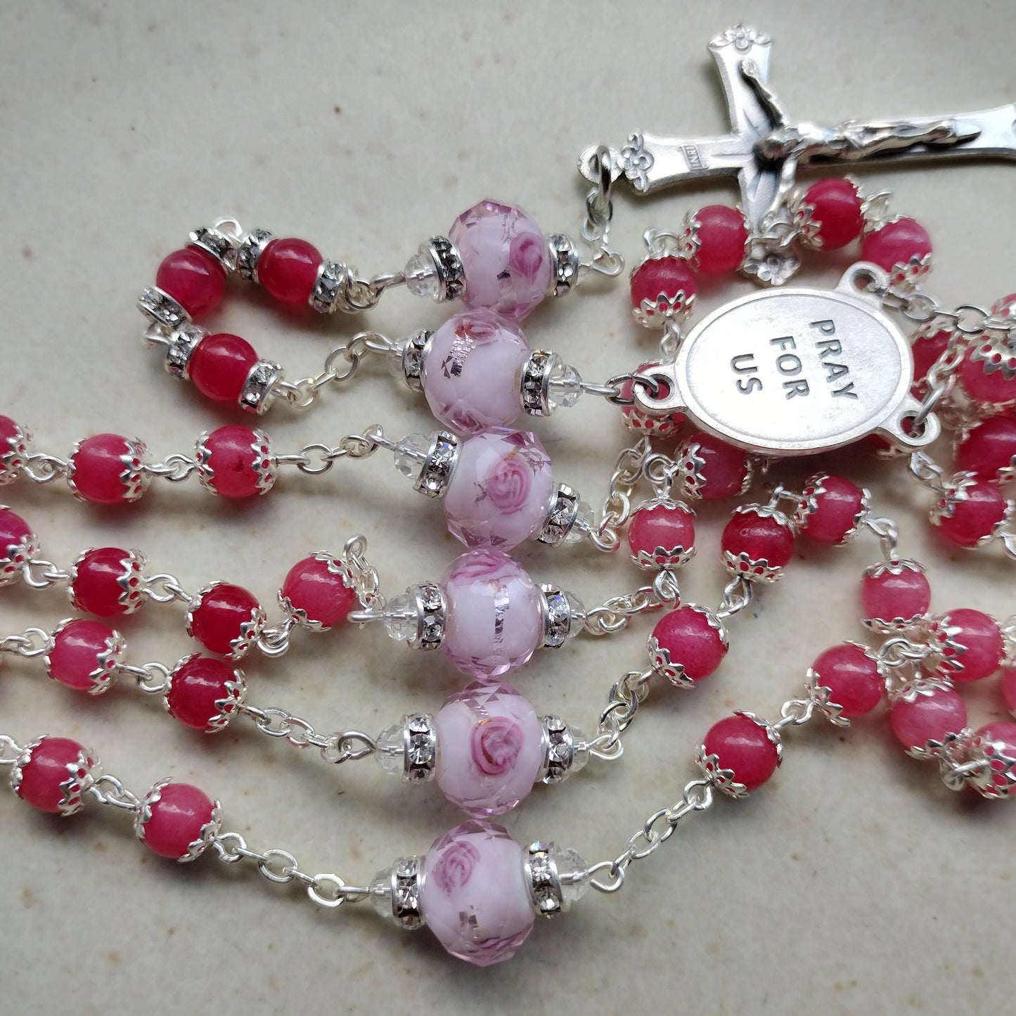 Item #1011, 6mm Gemstone Rosary, Pink Agate - St Therese of Lisieux