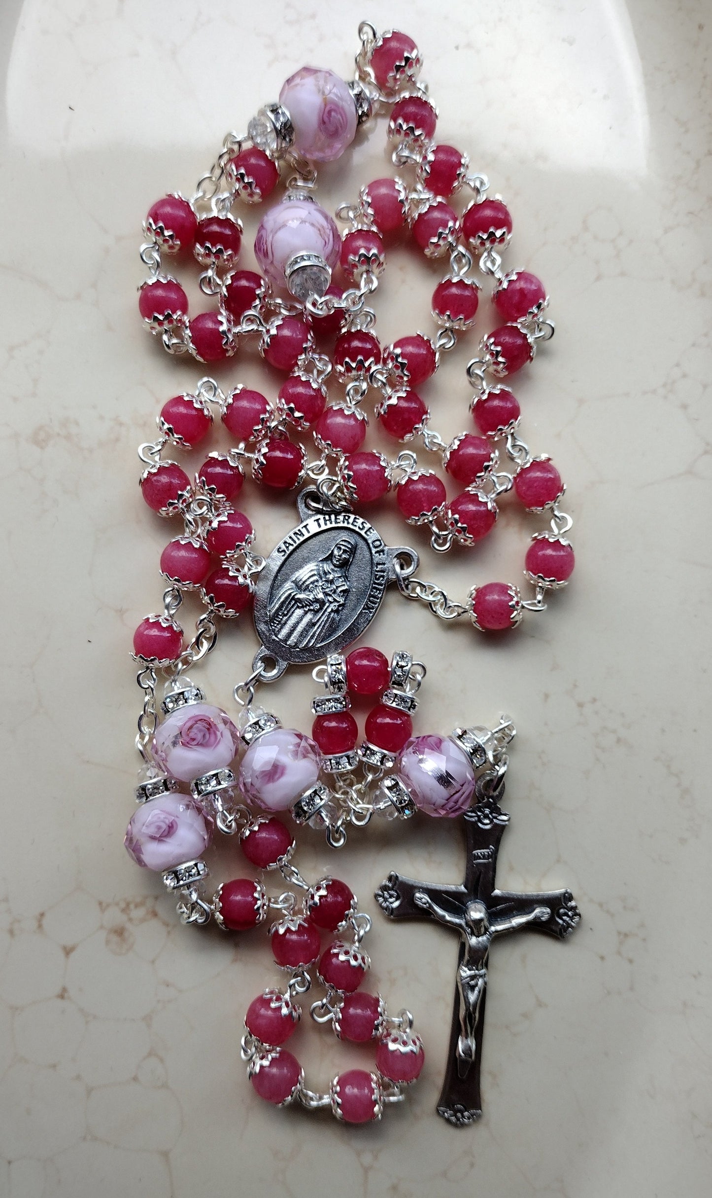 Item #1011, 6mm Gemstone Rosary, Pink Agate - St Therese of Lisieux