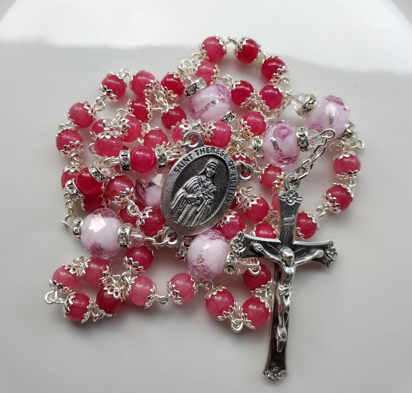 Item #1011, 6mm Gemstone Rosary, Pink Agate - St Therese of Lisieux