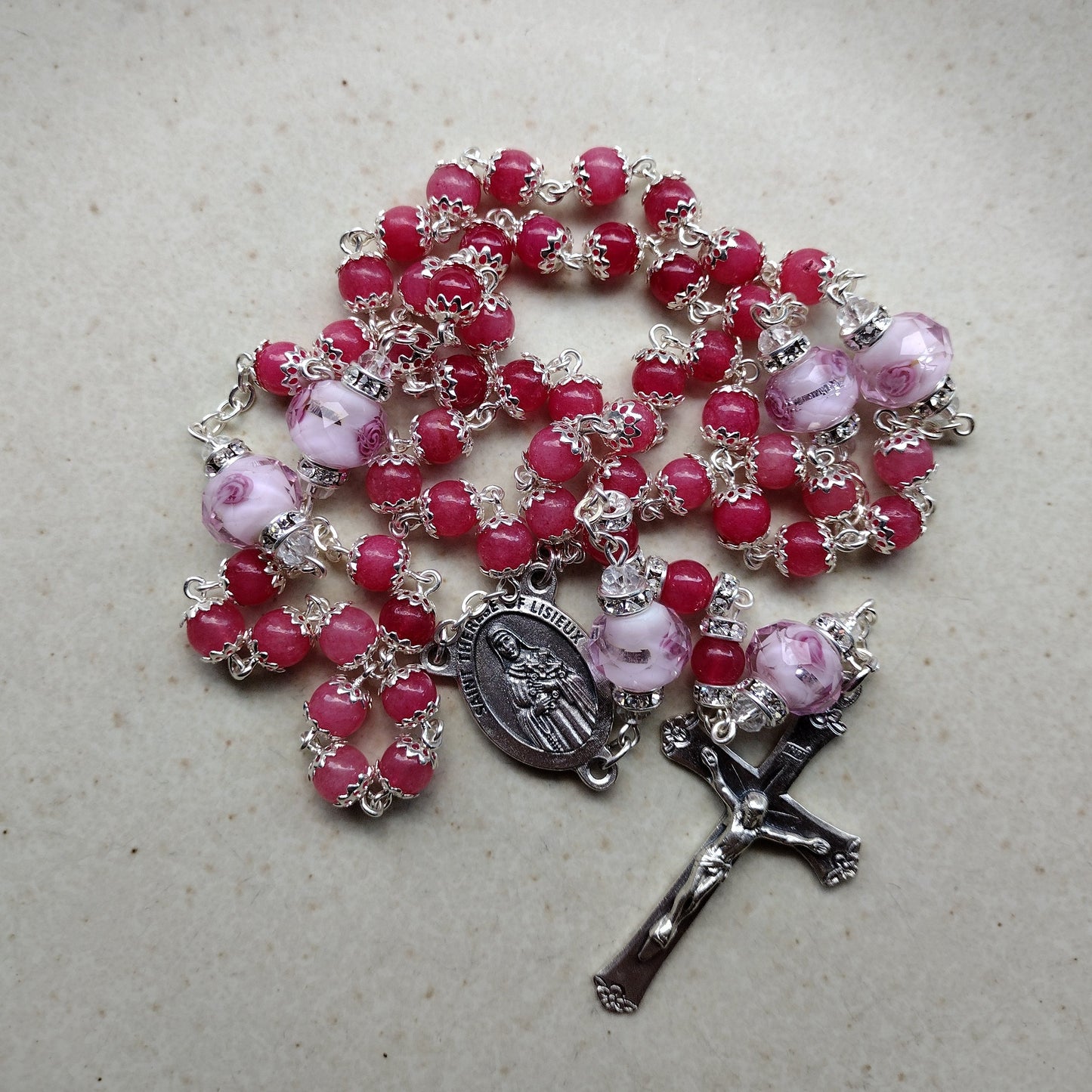 Item #1011, 6mm Gemstone Rosary, Pink Agate - St Therese of Lisieux