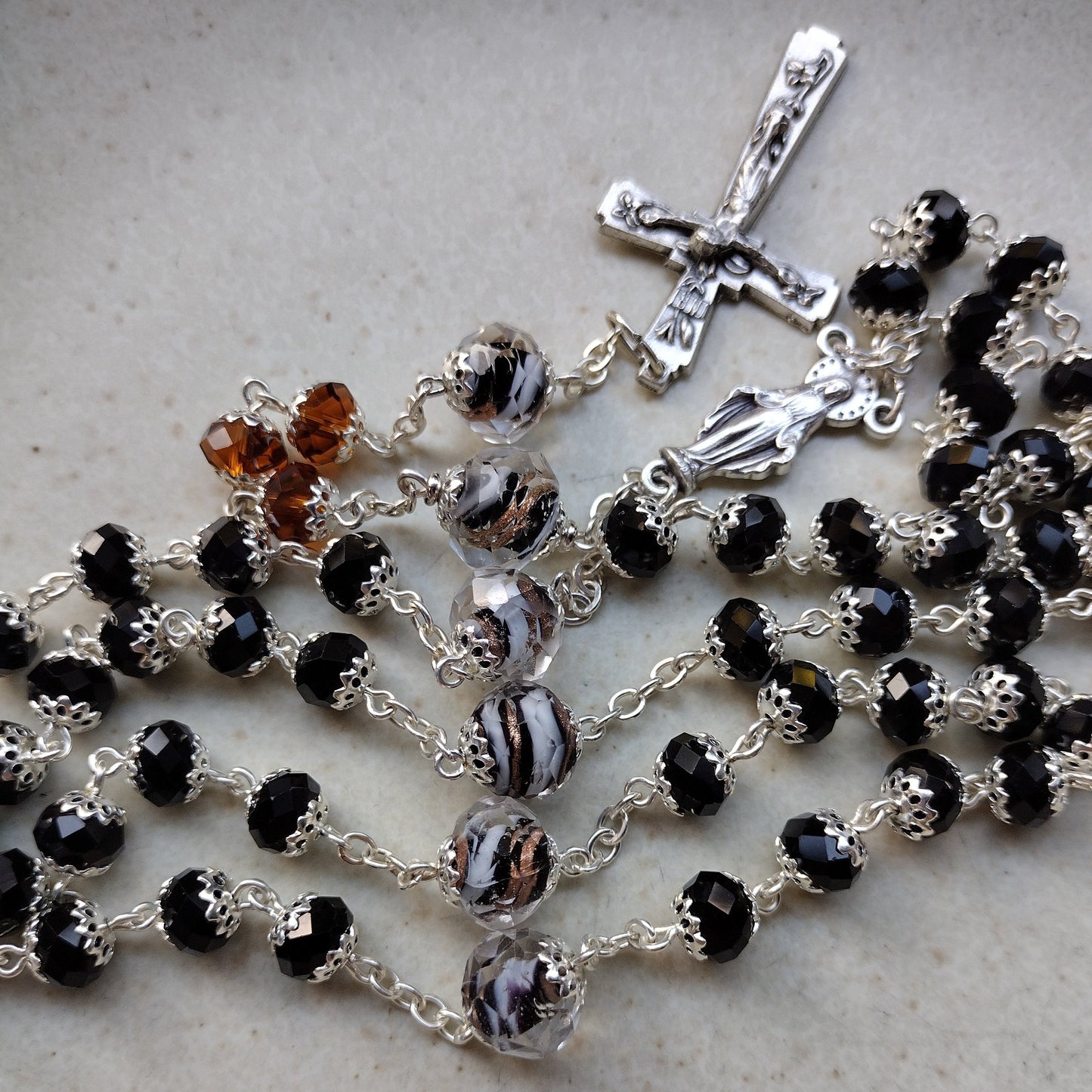 Item #1018, 8mm Black Crystal Rosary, Black & Topaz