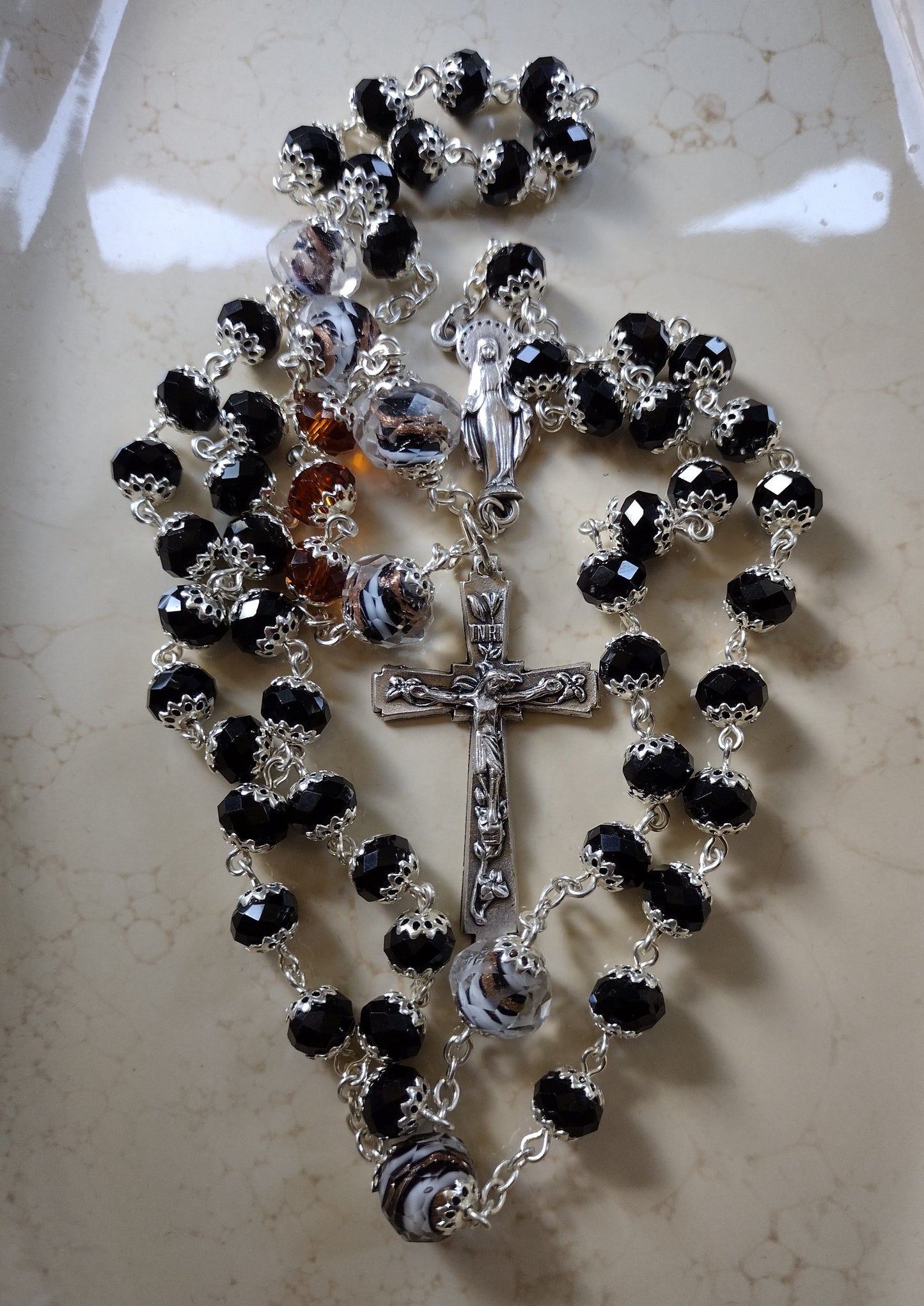 Item #1018, 8mm Black Crystal Rosary, Black & Topaz