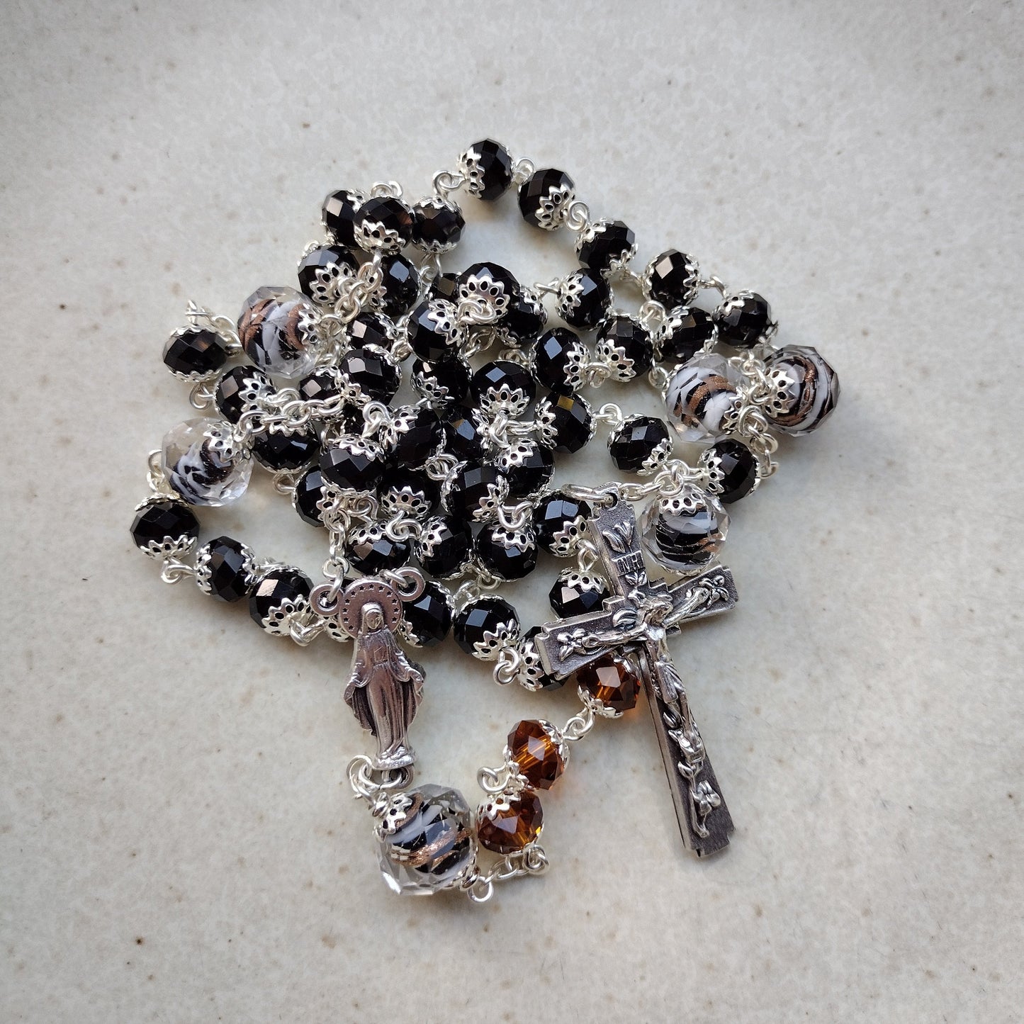 Item #1018, 8mm Black Crystal Rosary, Black & Topaz