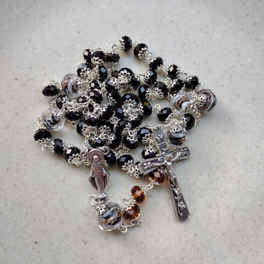 Item #1018, 8mm Black Crystal Rosary, Black & Topaz