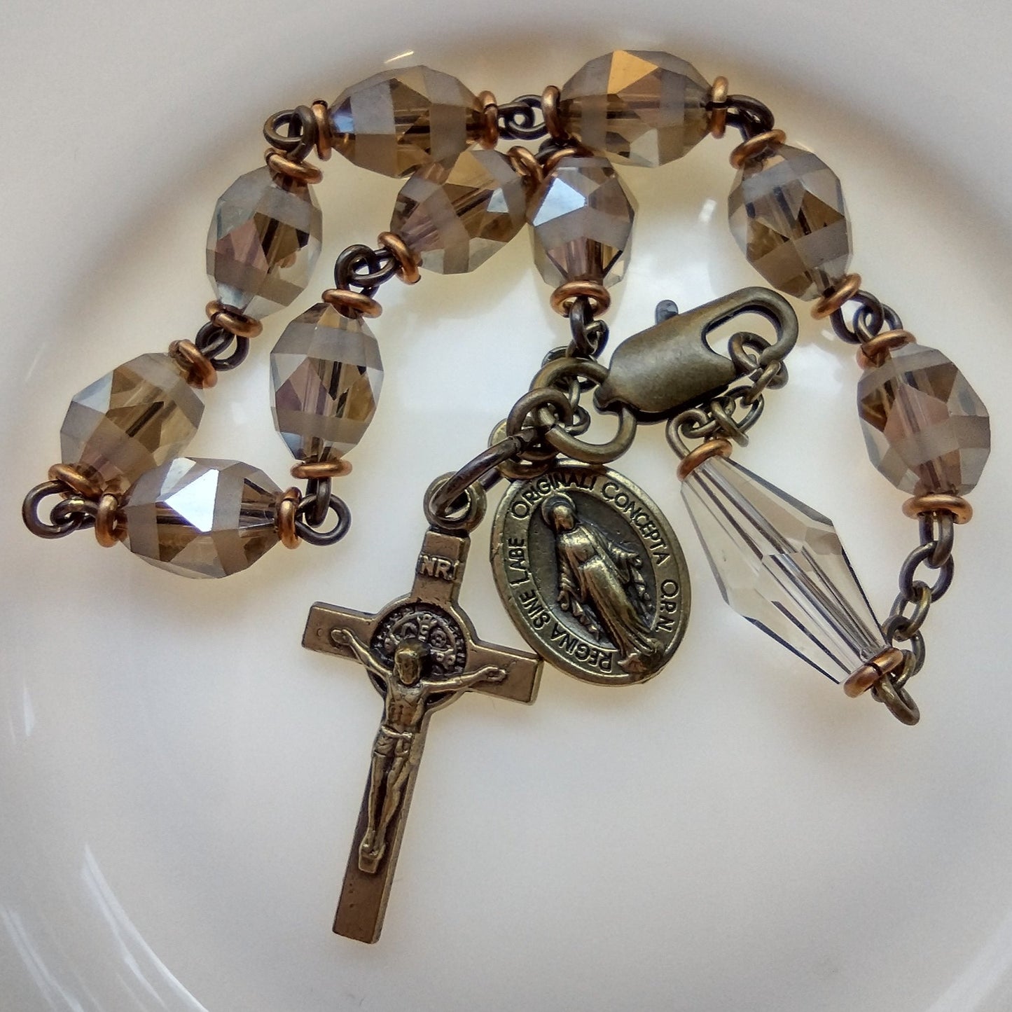 Item #1038, 6mm Rosary Bracelet, Champagne Crystal