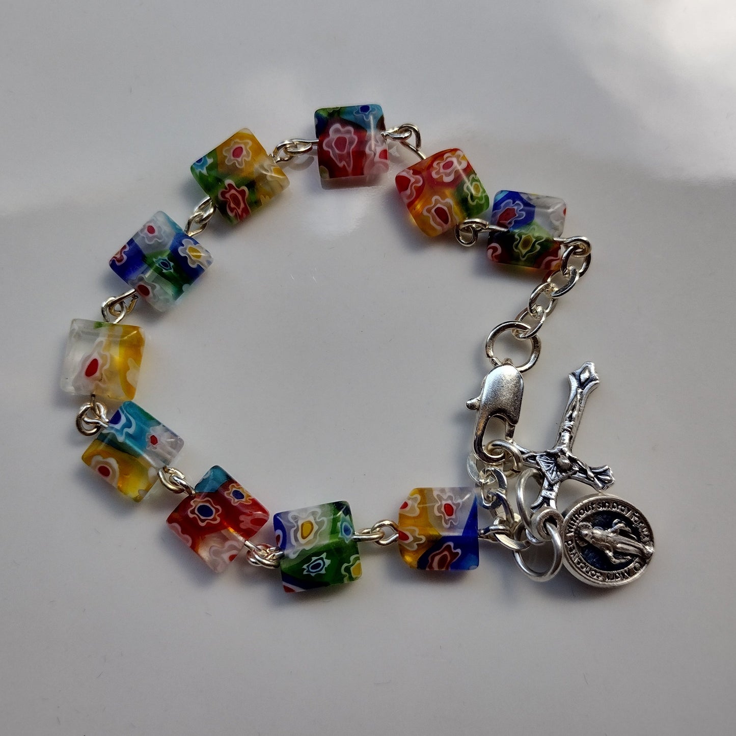 Item #1027, 8mm Rosary Bracelet, Multi-Colored Millefiori