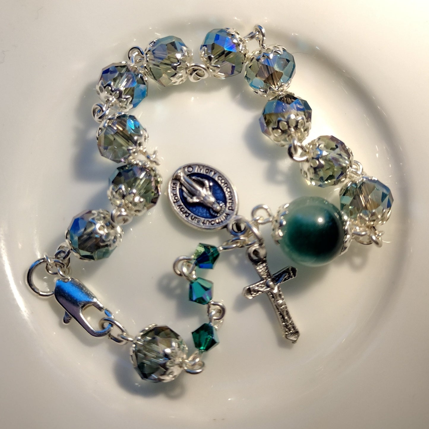 Item #1034, 6mm Rosary Bracelet, Blue-Green AB Crystal