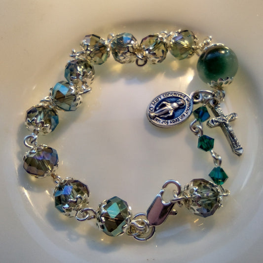 Item #1034, 6mm Rosary Bracelet, Blue-Green AB Crystal