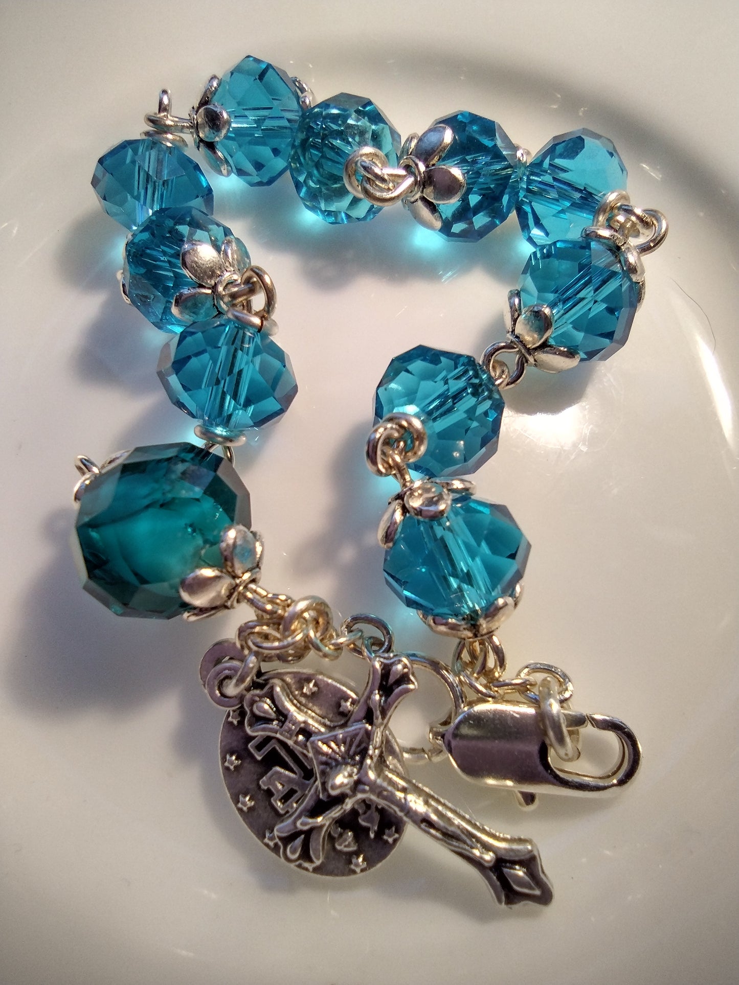 Item #1035, 8mm Rosary Bracelet, Aqua Crystal