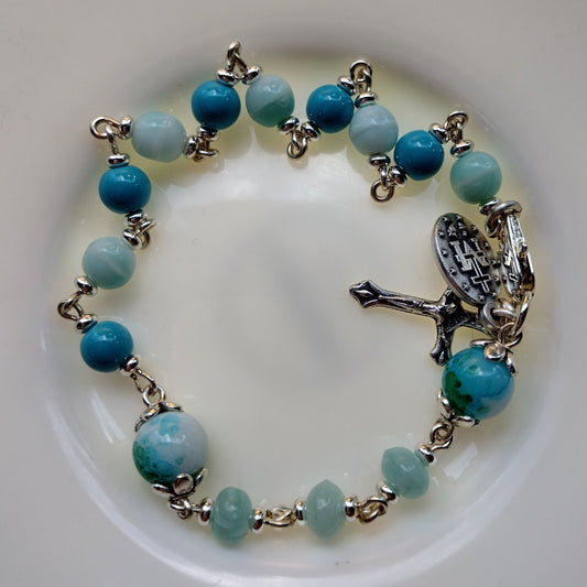 Item #1036, 6mm Rosary Bracelet, Aqua Glass