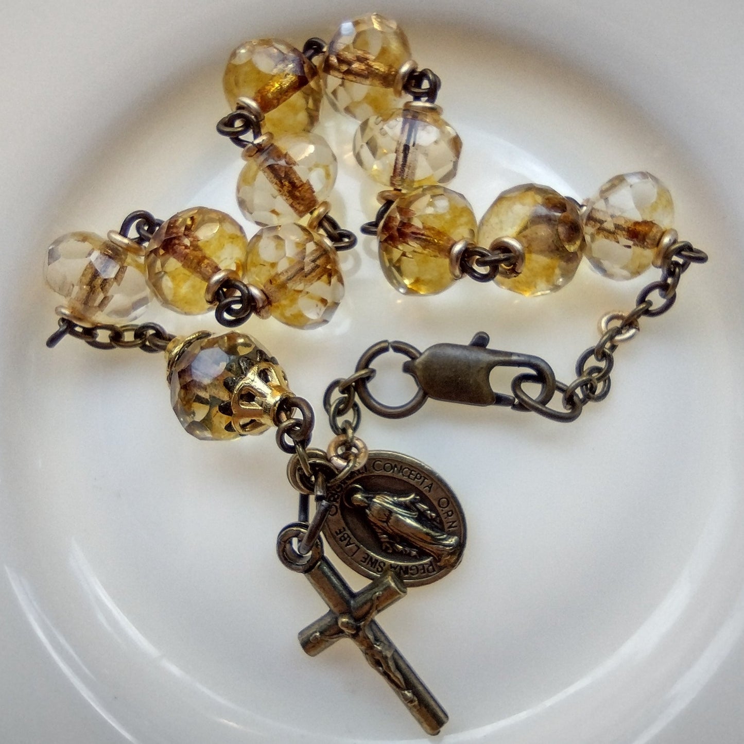 Item #1041, 8mm Rosary Bracelet, Czech Champagne Crystal