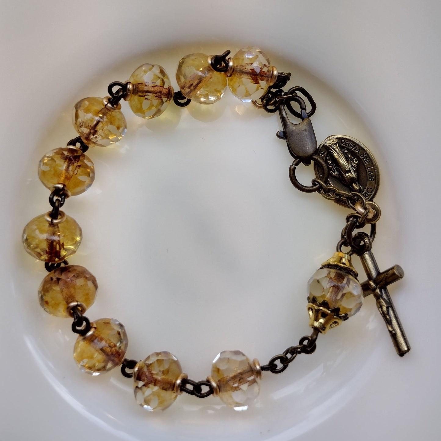 Item #1041, 8mm Rosary Bracelet, Czech Champagne Crystal