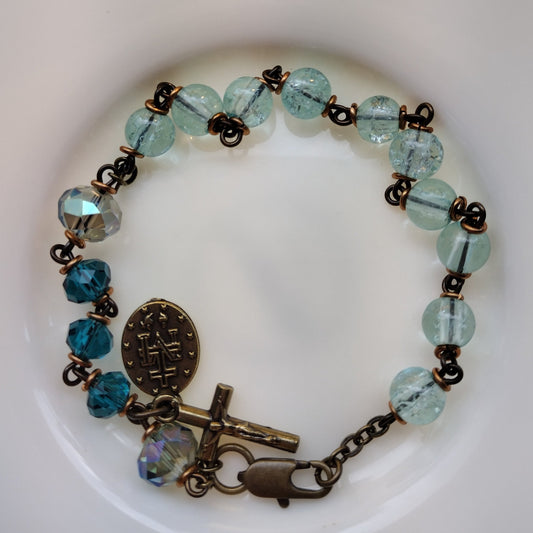 Item #1043, 6mm Rosary Bracelet, Aqua Crackle glass & Crystal