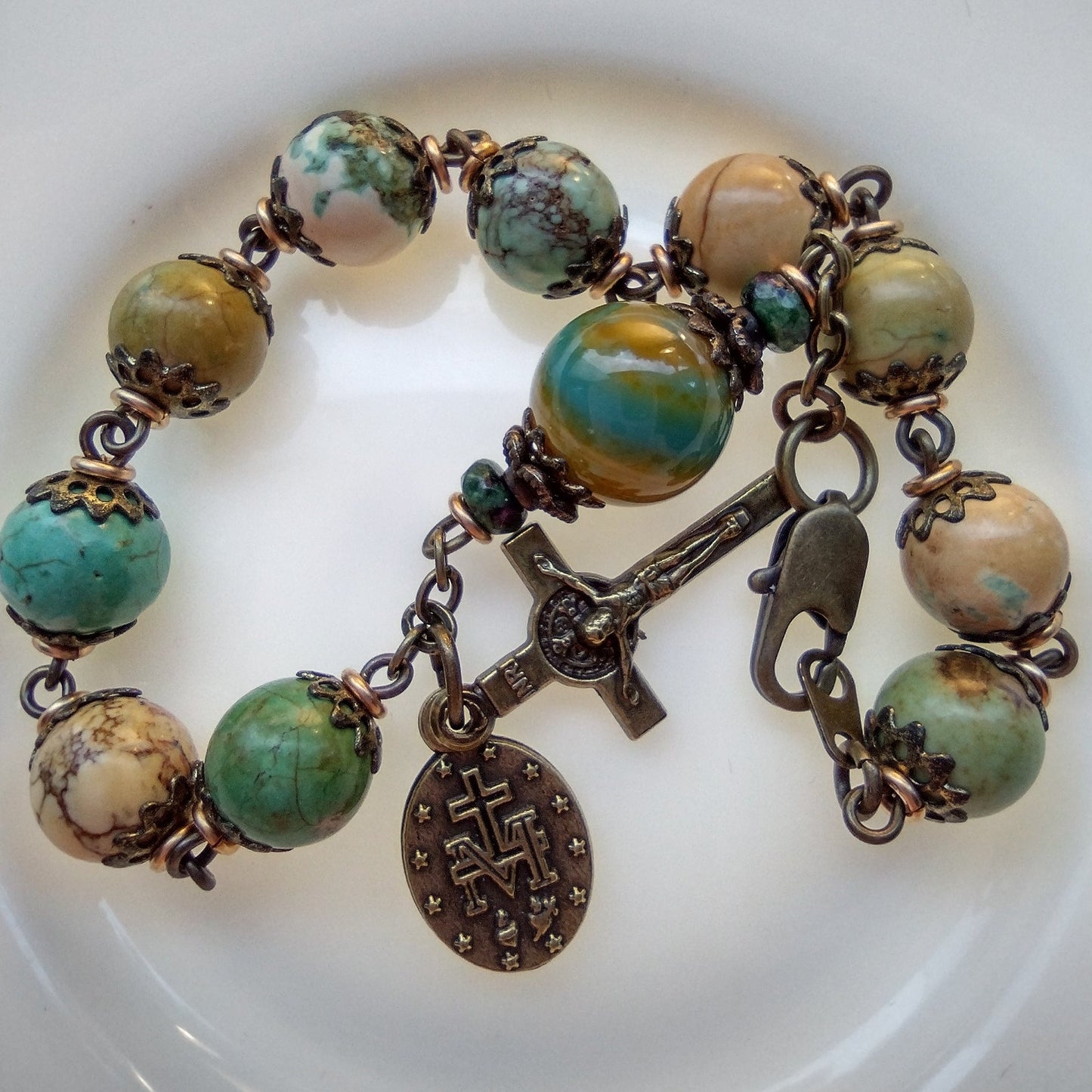 Item #1037, 8mm Rosary Bracelet, Green & Yellow Variscite